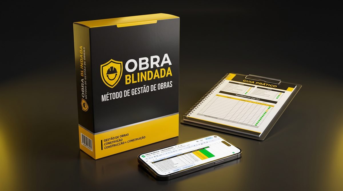 Mockup do kit Protocolo Obra Blindada: caixa do método de gestão de obras, prancheta com o guia de rendimento por metro quadrado e celular com a planilha da calculadora